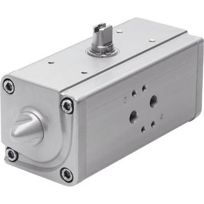 Obdĺžnikový pneumatický aktuátor z kovu so štyrmi upevňovacími skrutkami a viditelnými vzduchovými prípojkami, určený pre priemyselné aplikácie.