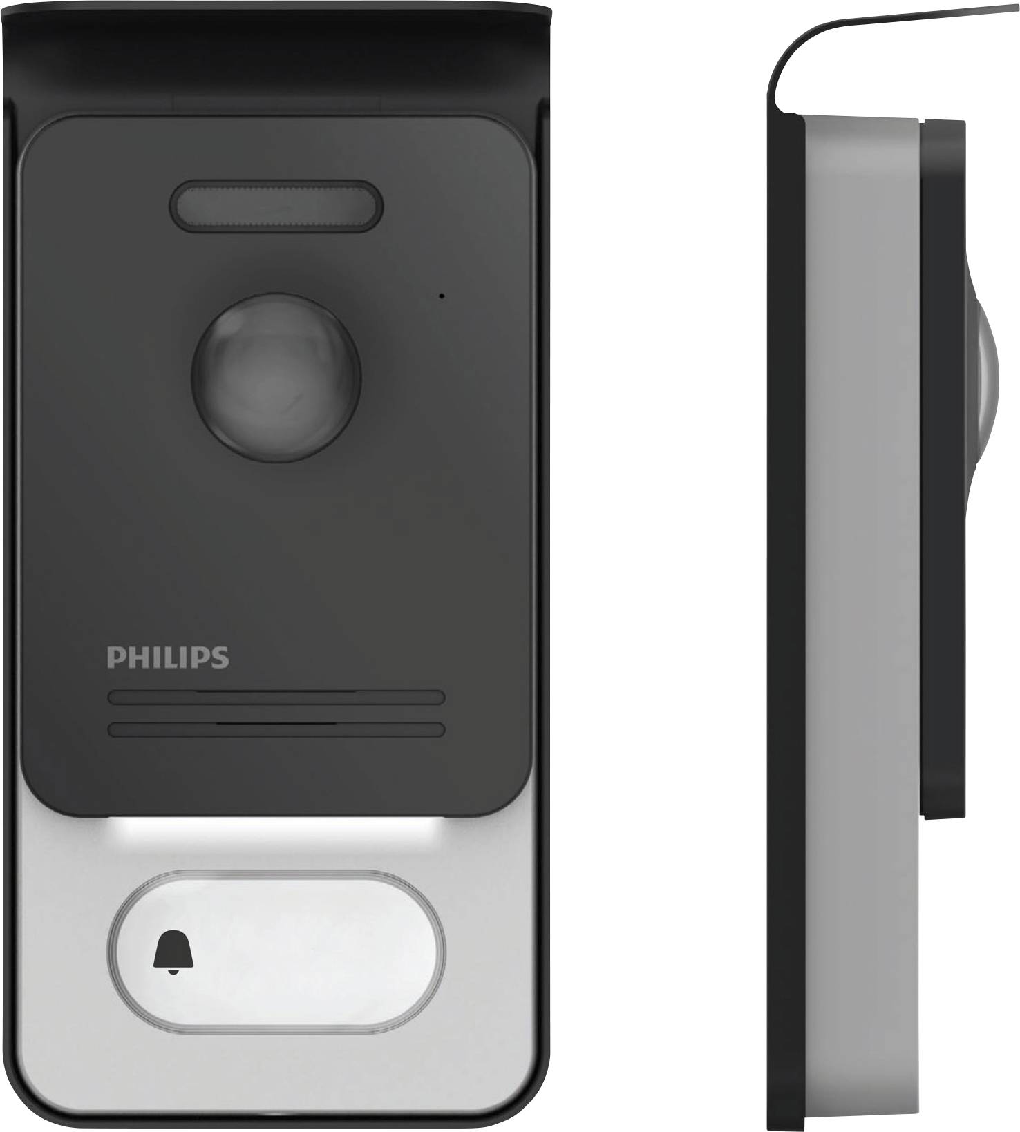 Inteligentný videozvonček s kamerou a mikrofónom od Philips. Pohľad spredu a z boku. Vhodný na video monitorovanie a komunikáciu.
