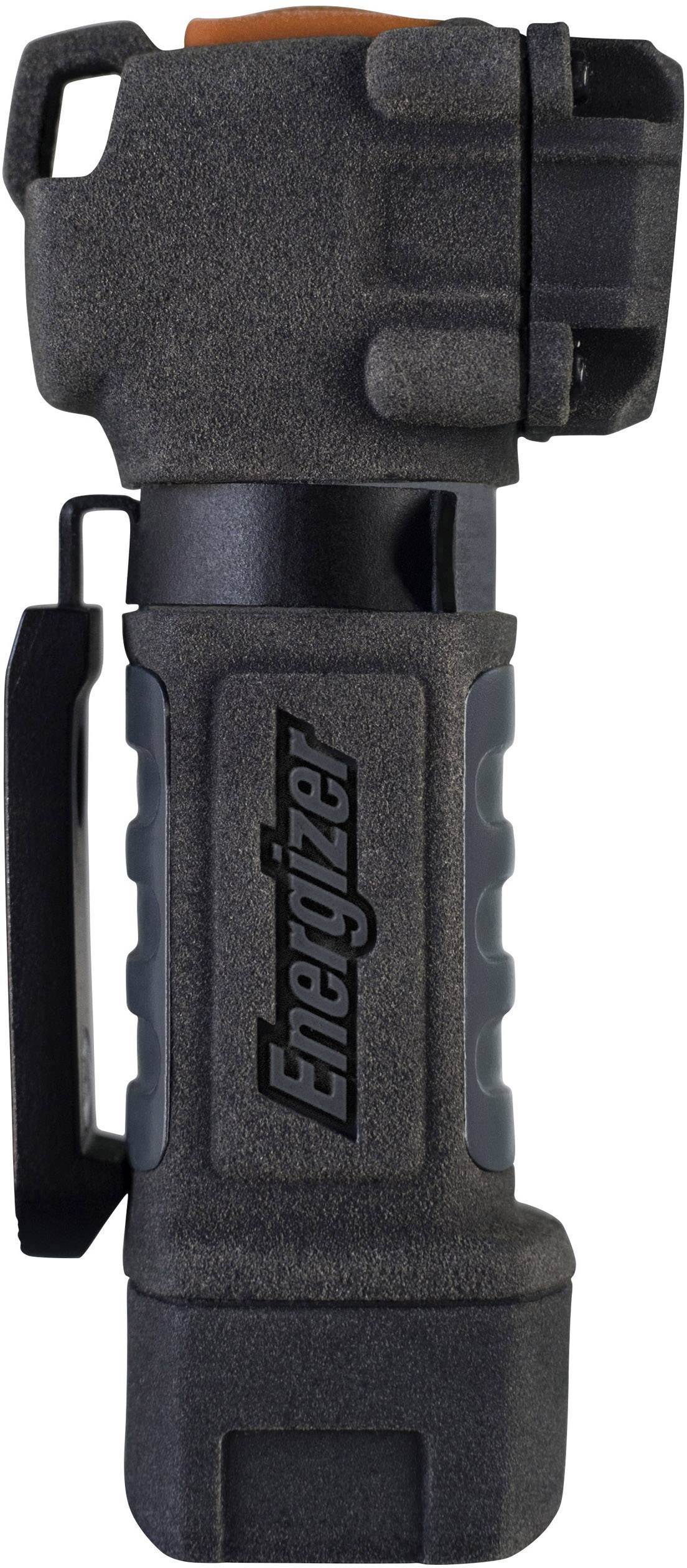 Čierna baterka so sivými akcentmi a nápisom 'Energizer', pohľad z boku, kompaktne a robustne navrhnutá.