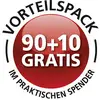 'Výhodné balenie 90+10 zadarmo v praktickom dávkovači.' Červený kruh s bielym textom. Ponuky pre väčšie množstvá.
