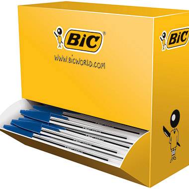 Žltý box BIC pier s modrými guľôčkovými perami, otvorený na vybratie. Webová adresa "WWW.BICWORLD.COM" na krabičke.