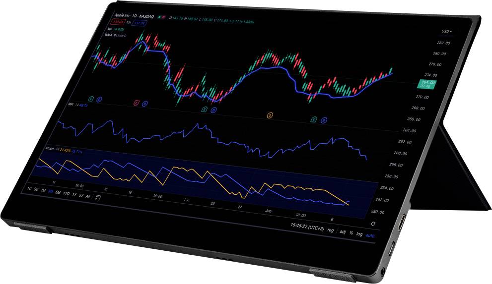 Displej notebooku zobrazuje graf akciových kurzov s líniovým, sviečkovým a stĺpcovým grafom, ktorý znázorňuje vývoj kurzu a technické indikátory.