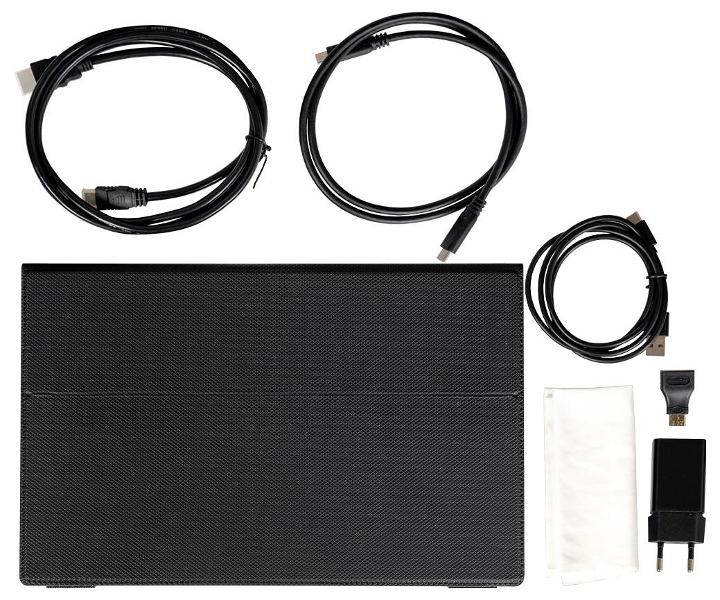Čierny tablet s ochranným obalom, dvoma HDMI káblami, USB káblom, nabíjačkou, mikrovláknovou utierkou a adaptérom.