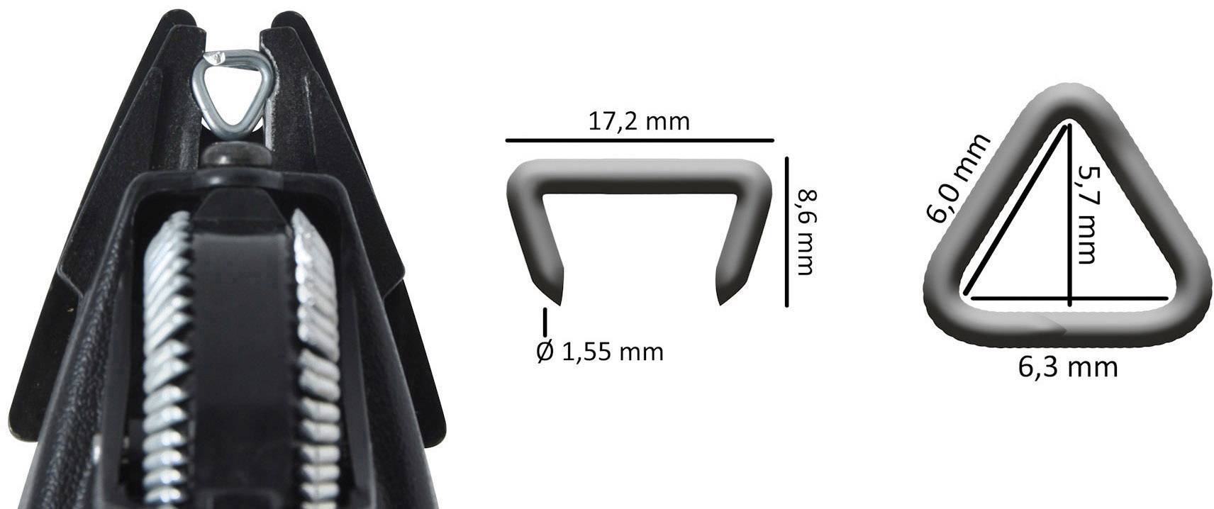 Detailný pohľad na čierny zips s vyznačenými rozmermi: 17,2 mm široký, 8,6 mm vysoký, priemer 1,55 mm. Trojuholníkový tvar: 6,3 mm široký, 6,0 mm vysoký.