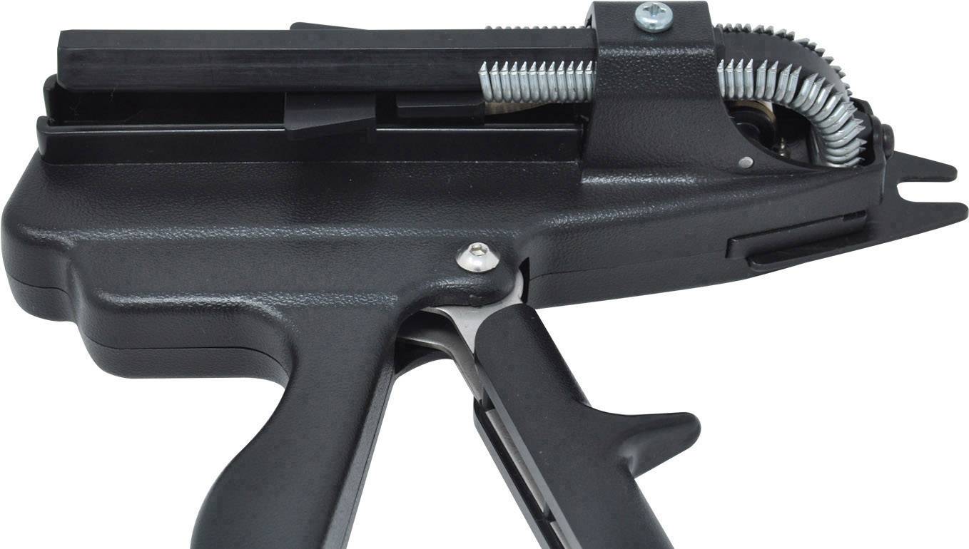 Čierne manuálne zariadenie s ergonomickým úchopom a pružinovým mechanizmom, pravdepodobne nástroj na upevnenie alebo montáž.