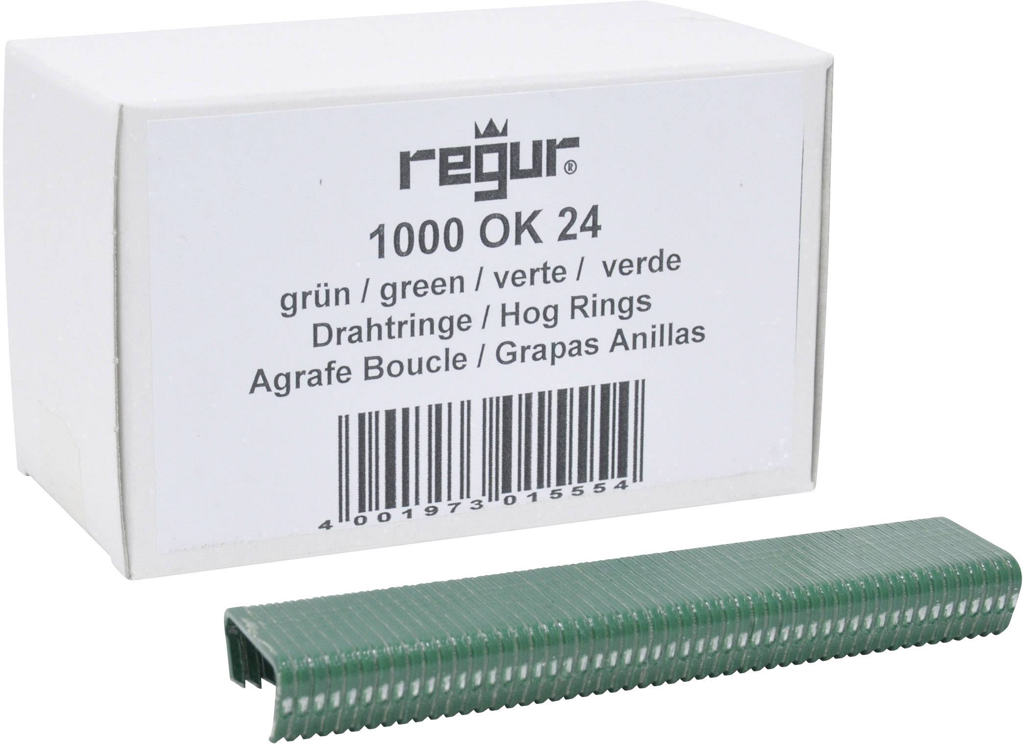 Zelené drôtené sponky značky 'regur', model 1000 OK 24, v bielom balení. Vhodné pre rôzne použitia.