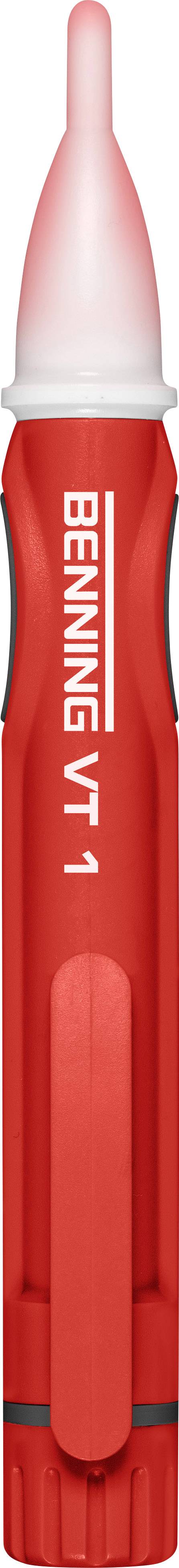 Červený napäťový tester s nápisom 'BENNING VT1' na kryte, vhodný pre elektrické aplikácie.
