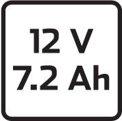 "12 V 7.2 Ah" biely text na čiernom pozadí, pravdepodobne údaje o napätí a kapacite batérie.