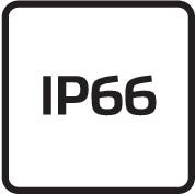 Čierny štvorec s bielym lemovaním zobrazuje 'IP66'. Znamená ochranu proti silnému vodnému prúdu a prachu.
