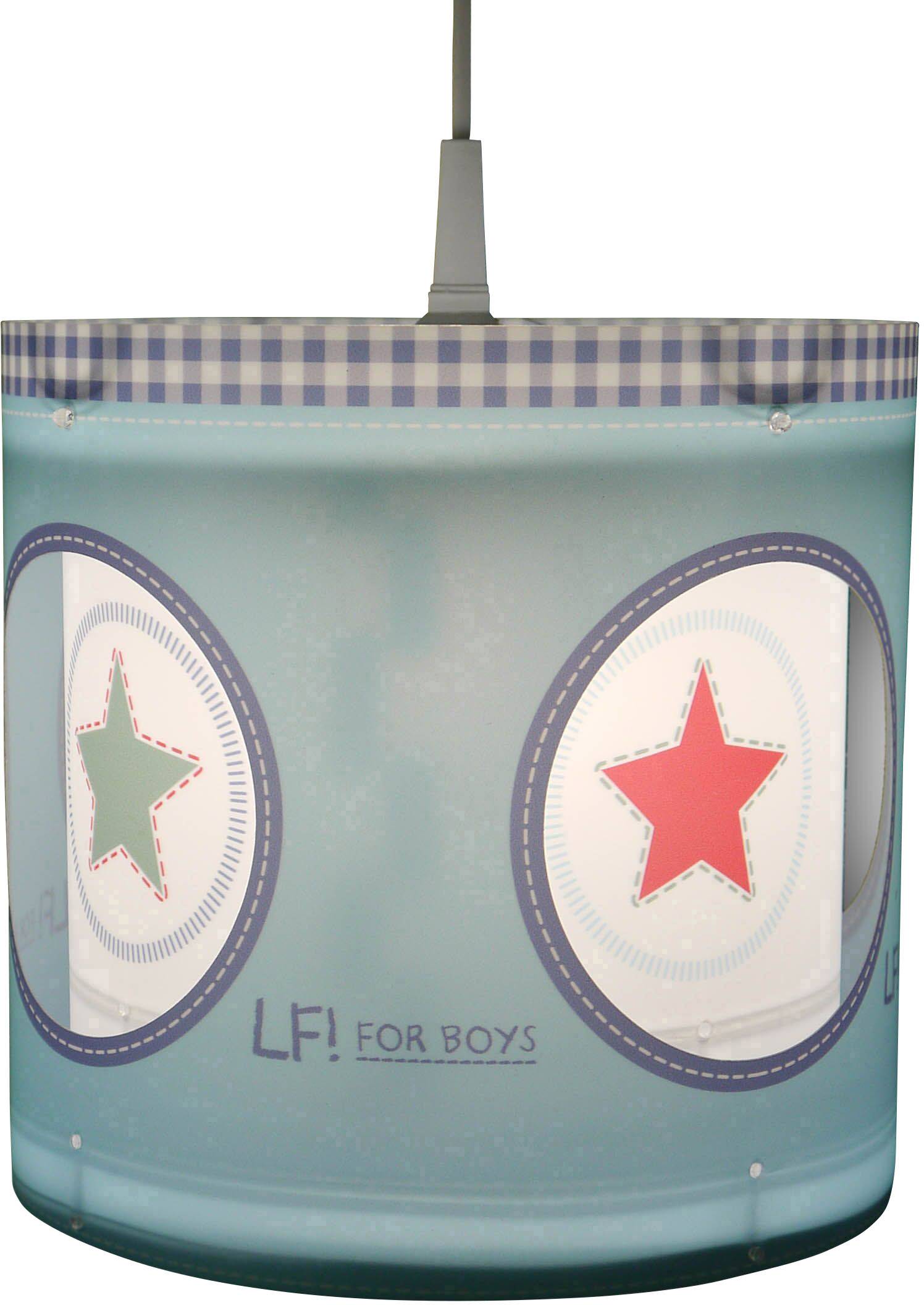 Závesná lampa s modrou povrchovou úpravou, červenými a zelenými hviezdičkovými motívmi a textom 'LF! FOR BOYS' dole. Dekoratívny dizajn do detskej izby.