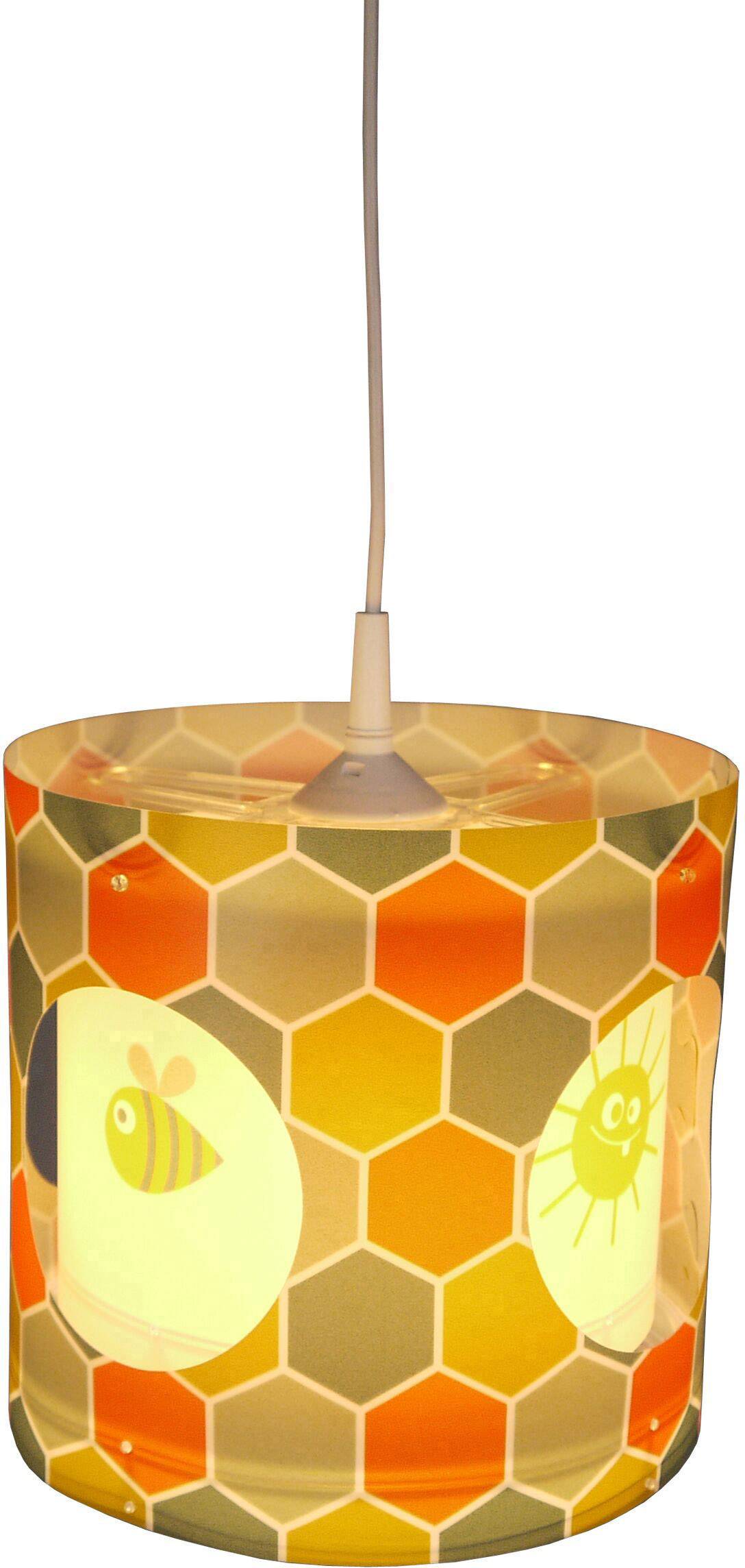 Oranžovo-žltá závesná lampa so vzorom včelieho plástu a obrázkami včely a smiaceho sa obličaja, osvetlená zvnútra.