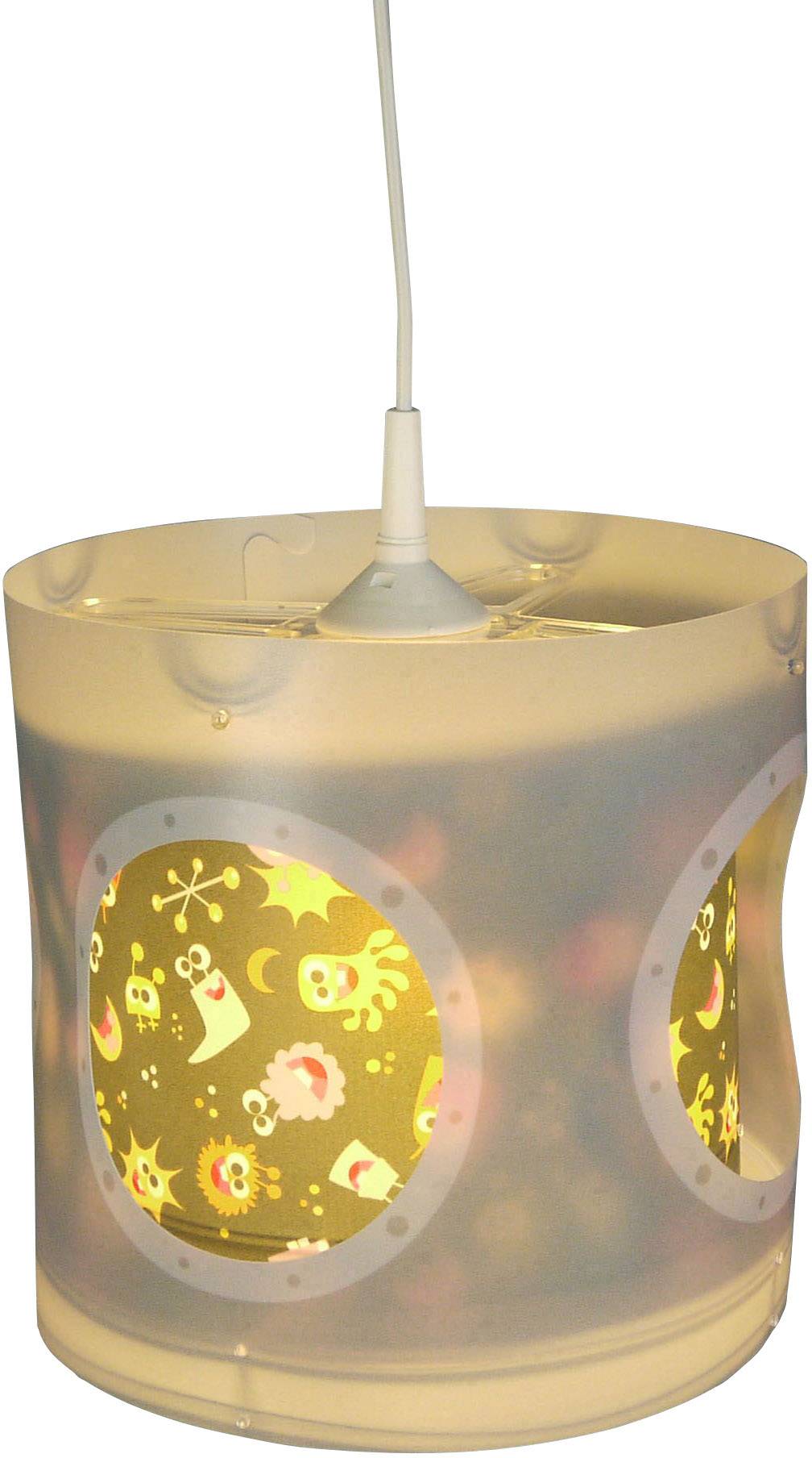 Závesná lampa s pestrou zvierackou potlačou, zobrazujúca postavy rýb a delfínov na žltom pozadí; vhodná do detskej izby.