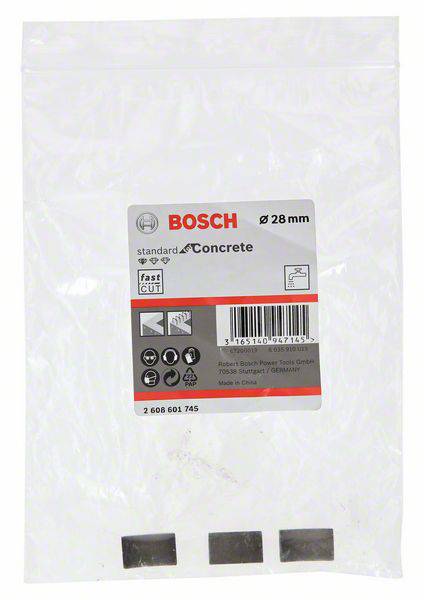 Plastová taška s logom Bosch obsahuje 28 mm betónový vrták. Sú na nej vyobrazené rôzne symbolické pokyny pre obsluhu a bezpečnosť.