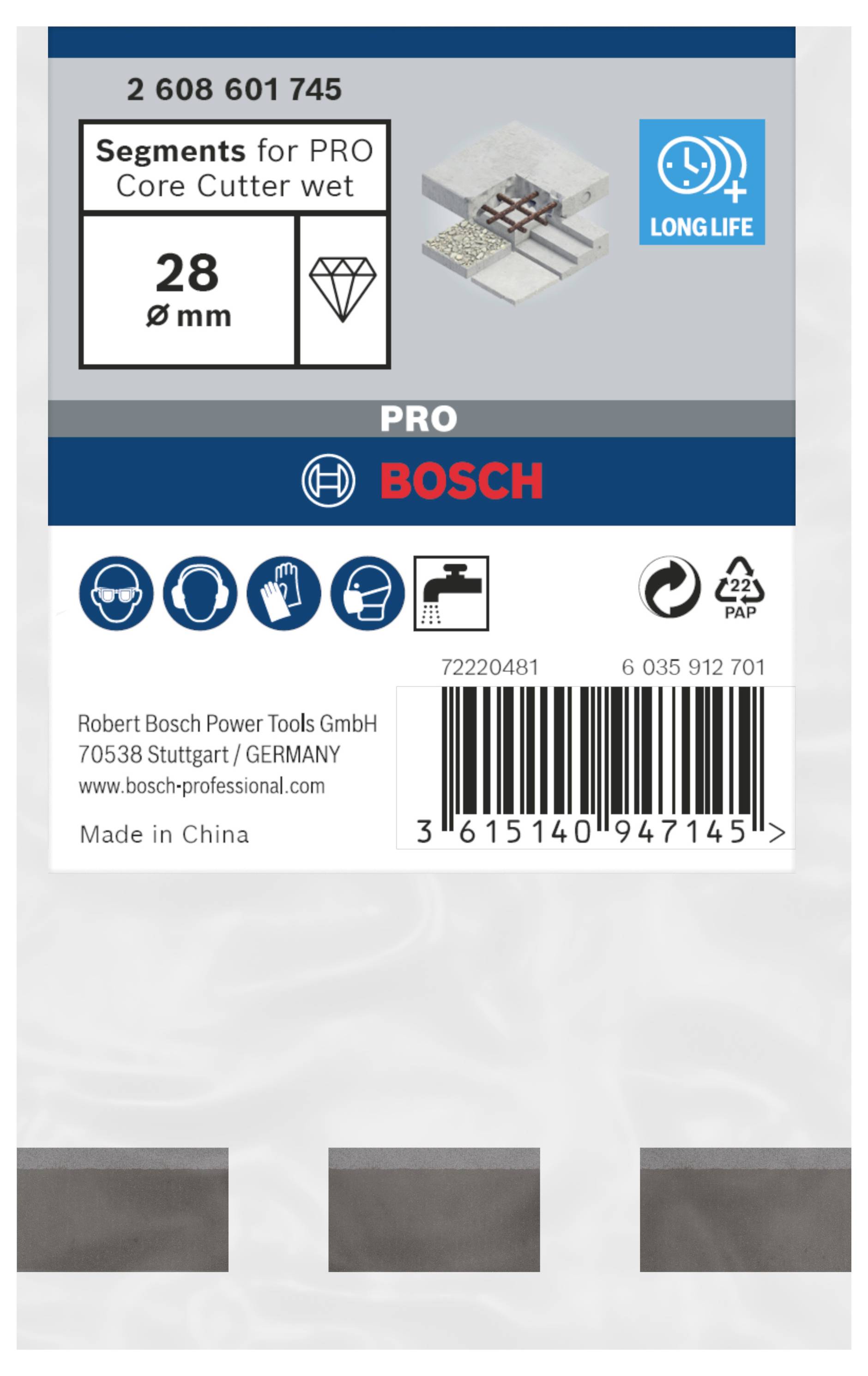 Etiketa Bosch segmentu pre PRO Core Cutter mokrý, priemer 28 mm, obsahuje symboly pre dlhú životnosť a recykláciu.
