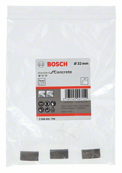 'Bosch štandardný pre betón', 32 mm, balenie s bezpečnostnými a aplikačnými symbolmi, EAN kód, vyrobené v Číne.