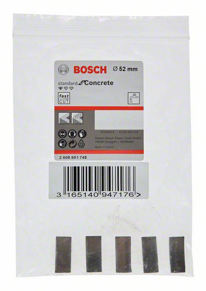 Balenie pre pílové listy Bosch, 52 mm, vhodné pre betón. Obsahuje päť pílových listov. Produktové informácie a čiarový kód viditeľné.