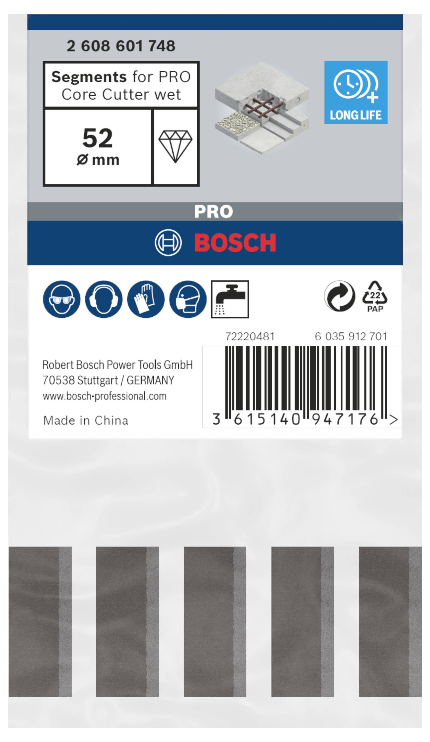 'Vrecko s Bosch segmentmi pre PRO-Core vrtáky, mokré, 52 mm, katalógové číslo 2 608 601 748, obsahuje čiarový kód a podrobnosti výrobcu.'