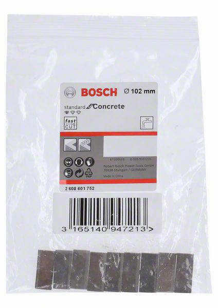 Balenie príslušenstva Bosch na vŕtanie do betónu s priemerom 102 mm. Obsahuje šesť kovových listov v priehľadnom vrecku.