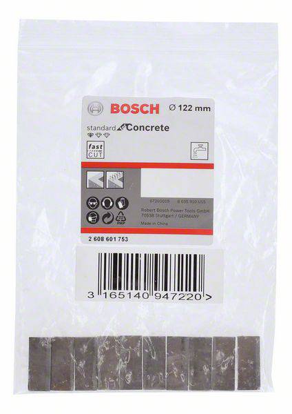 Obal pre Bosch betónovú deliaci kotúč 122 mm, vhodný pre rýchle rezanie; obsahuje špecifikácie produktu a čiarový kód.