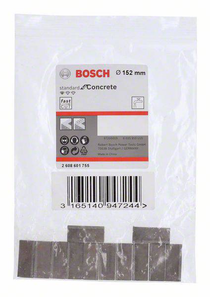 Balenie s nálepkou Bosch pre príslušenstvo nástroja, na ktorom sú okrem iného '152 mm', 'rýchle rezanie', 'štandard pre betón' a čiarový kód.