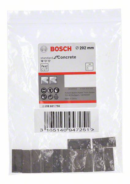 Balenie pílových listov Bosch pre štandardný betón, 202 mm. Obsahuje informácie o použití výrobku a výrobných podrobnostiach.