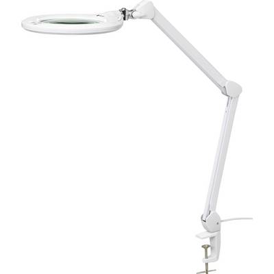 Nastaviteľná biela stolná lampa s lupou, upevnená na okraj stola. Ideálna pre presné práce a zväčšovanie.