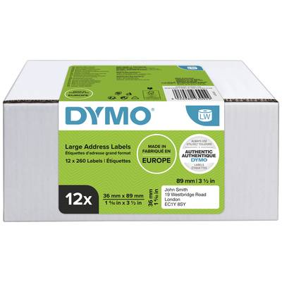 Škatuľa s Dymo etiketami: 'Veľké adresné štítky', 12 roliek po 260 etikiet. Veľkosť: 36 mm x 89 mm. Nápis: 'Vyrobené v Európe'.