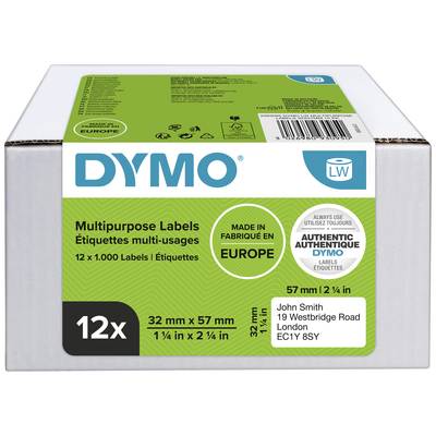 DYMO viacúčelové etikety, 12 roliek po 1000 etikiet. Veľkosť: 32x57mm, vyrobené v Európe. Vzorová adresa na etikete.