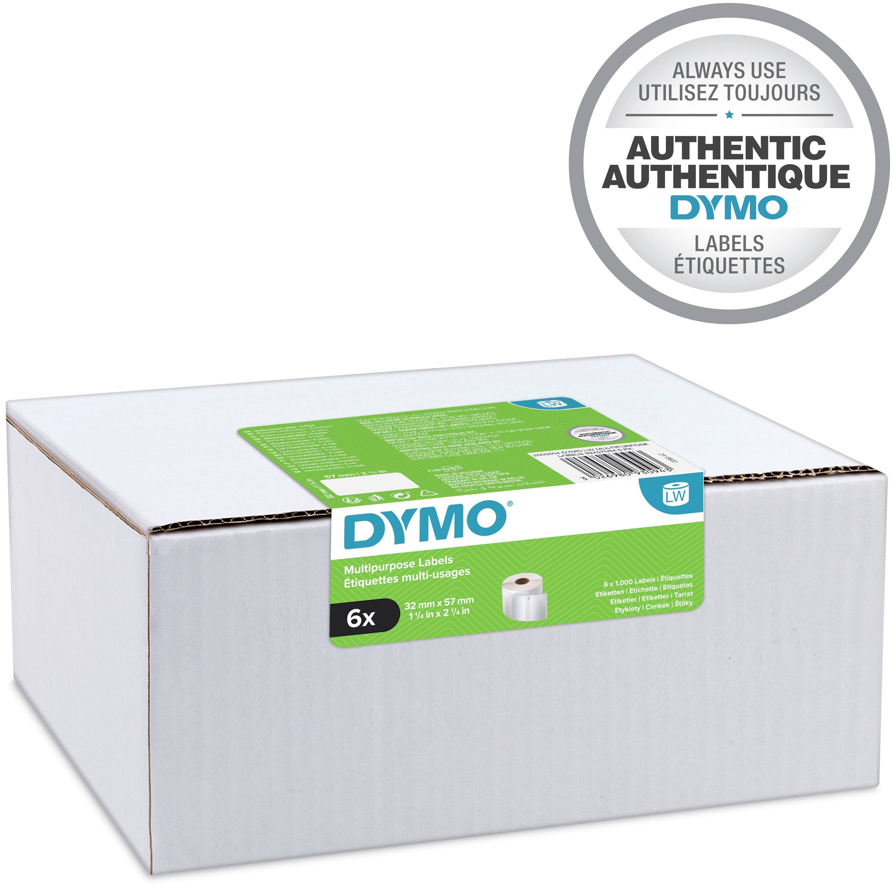 Balenie Dymo viacúčelových etikiet, 6 roliek, každá 57 mm x 32 mm. Text na etikete: 'Authentique Dymo Labels'.