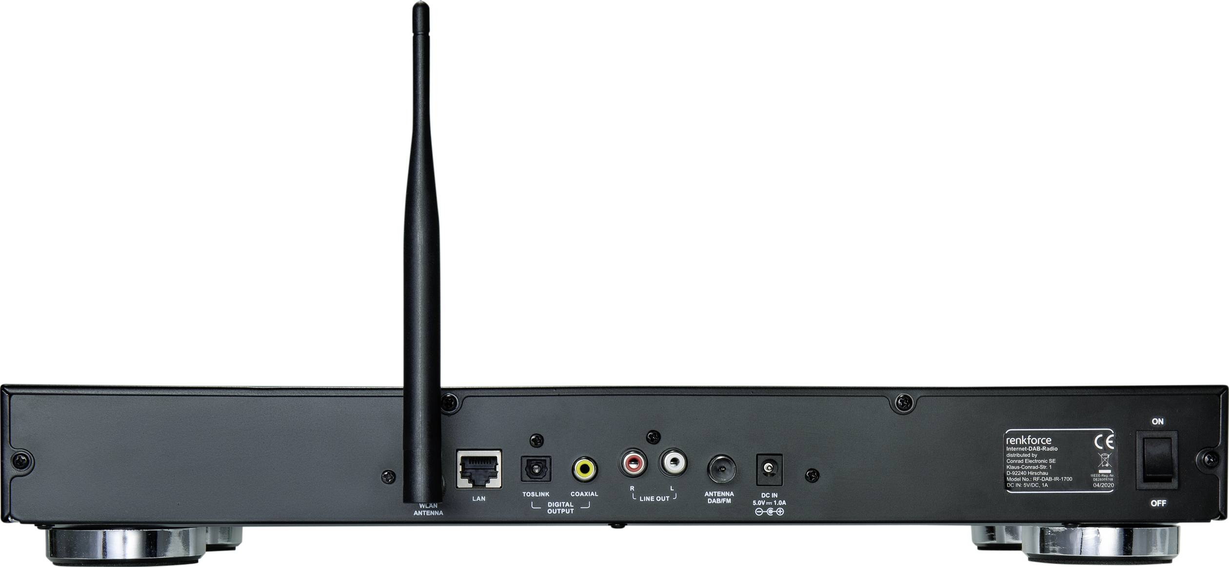 Pohľad zozadu na elektronické zariadenie s anténou, ethernetovými a audio konektormi a napájacím vstupom.