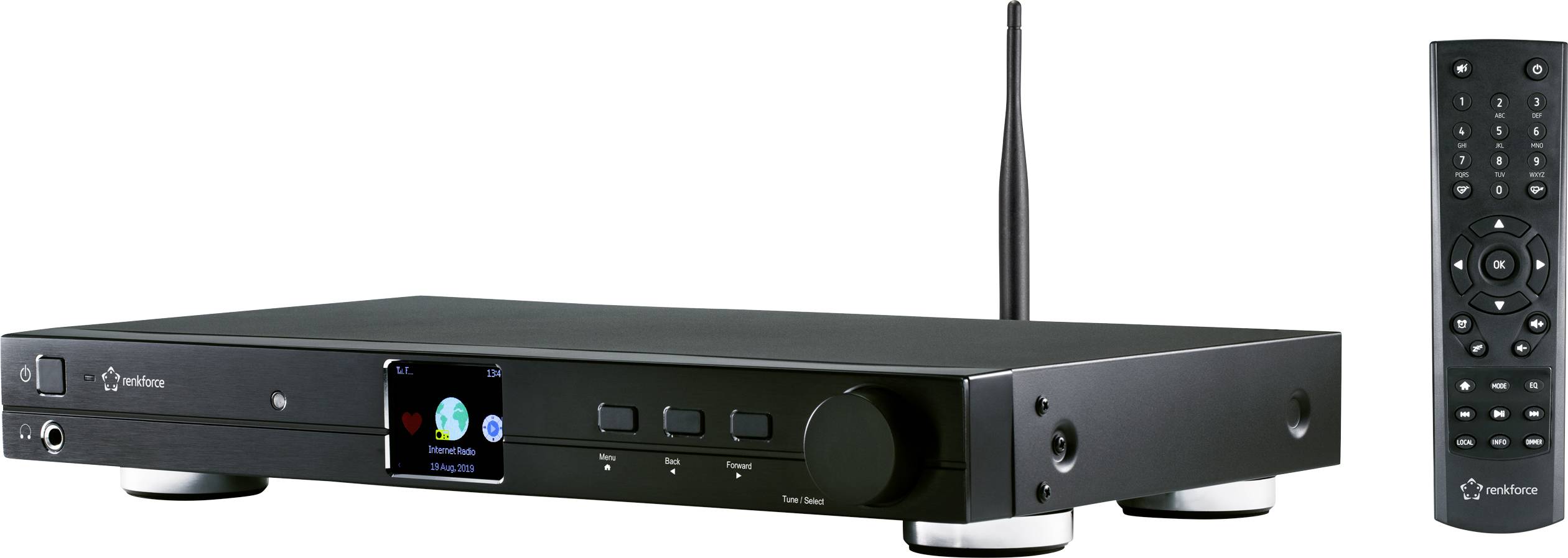 Čierny AV receiver s WLAN anténou, displejom a diaľkovým ovládačom. Hlavné ovládacie prvky a konektory na prednej strane.