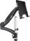 Držiak monitora s nastaviteľným ramenom a úchytom pre notebook alebo displej, v čiernej a striebornej farbe, určený na montáž na stôl.