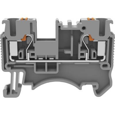 Priečny rez sivej elektrickej svorky. Zobrazuje vnútorné prepojenia a mechanizmus so výraznými oranžovými časťami.