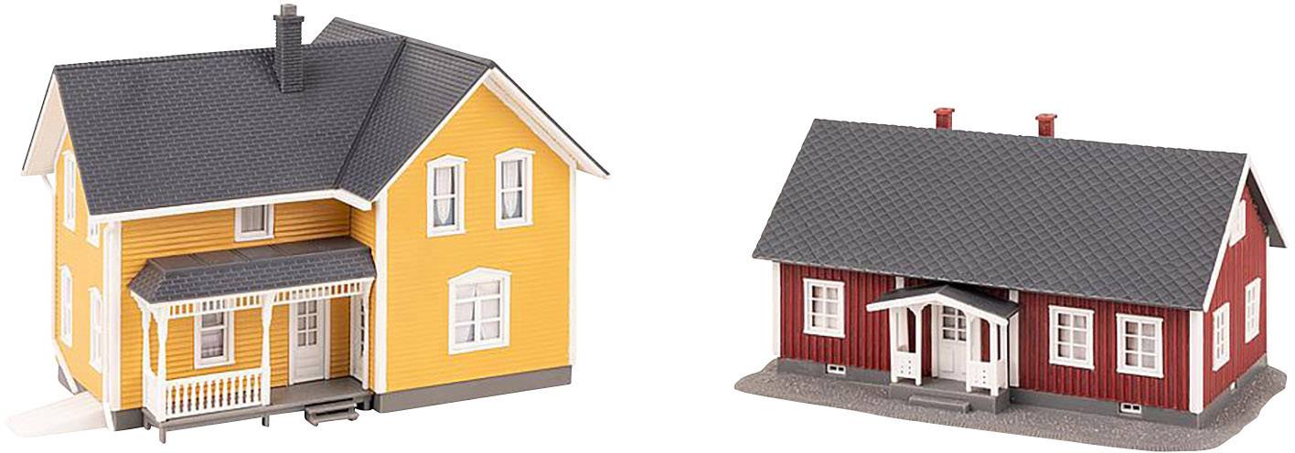 Dva modely domov: vľavo žltý dvojposchodový dom s verandou, vpravo červený prízemný dom. Oba majú čierne strechy.