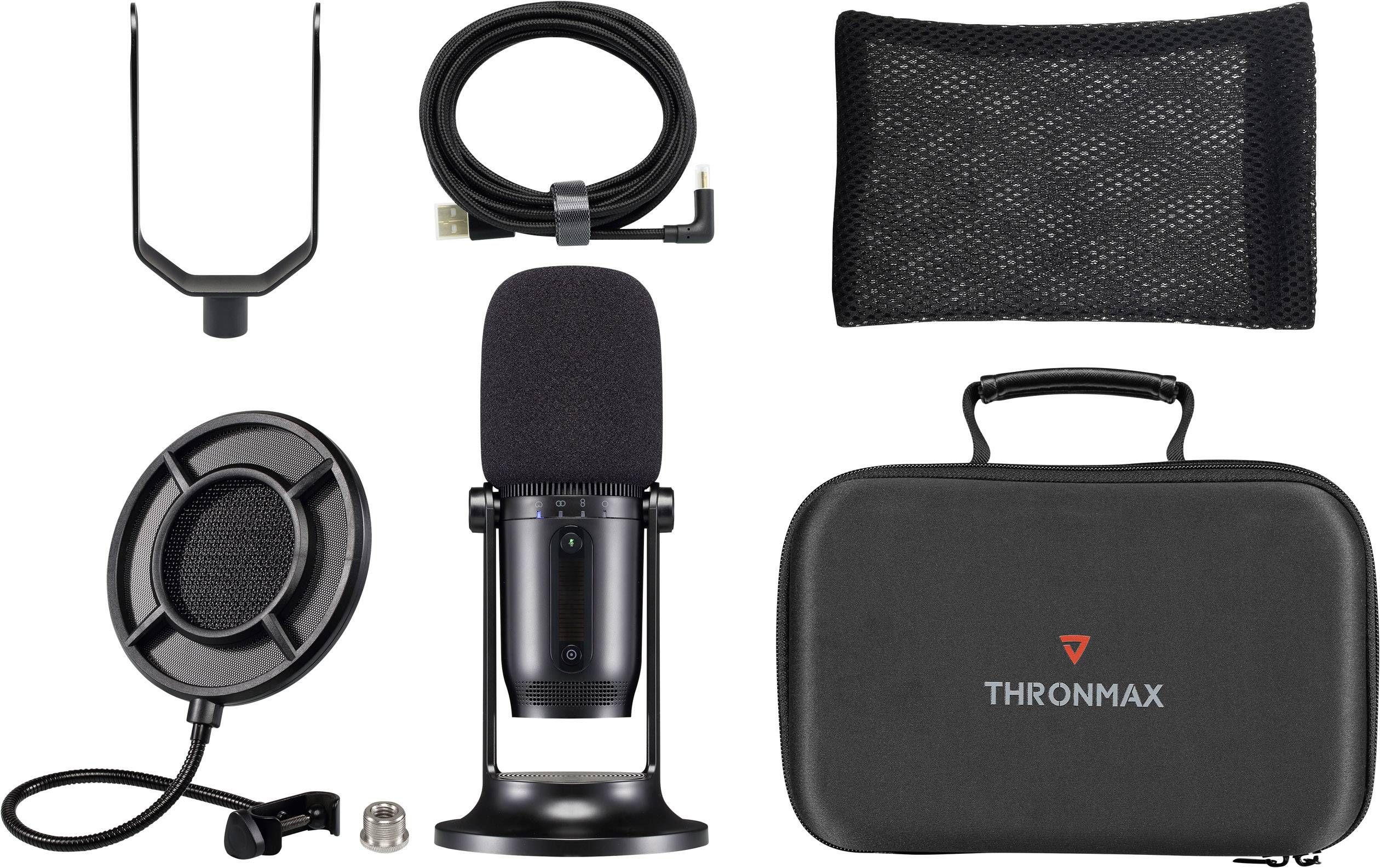 Mikrofonová sada s mikrofónom, držiakom, protiveternou ochranou, USB káblom, prenosnou taškou a sieťovým krytom. Vhodné pre nahrávanie zvuku a podcasty.