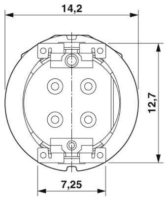 Technický výkres okrúhleho, štvorpólového konektora, priemer 14,2 mm a výška 12,7 mm, šírka 7,25 mm.