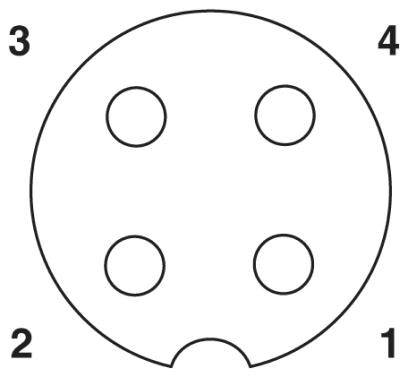 Diagram kruhového konektora so štyrmi číslovanými pinmi. Piny sú rovnomerne rozmiestnené po obvode kruhu a sú očíslované od 1 do 4.