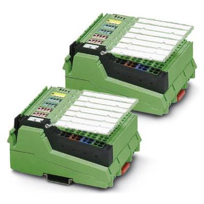 Dva zelené elektronické zariadenia s modulárnymi komponentmi a konektormi. Dajú sa navzájom ukladať a majú farebné sloty.
