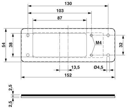 Technický výkres obdĺžnikovej kovovej dosky s rozmermi: 130 mm dĺžka, 54 mm šírka. Skrutkové otvory M4 a Ø 4,5 mm.