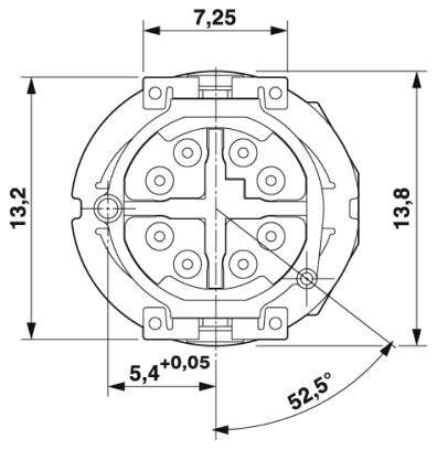 Technický výkres konektora s rozmermi 7,25 mm, 13,2 mm a 13,8 mm. Uhol je 52,5 stupňov.