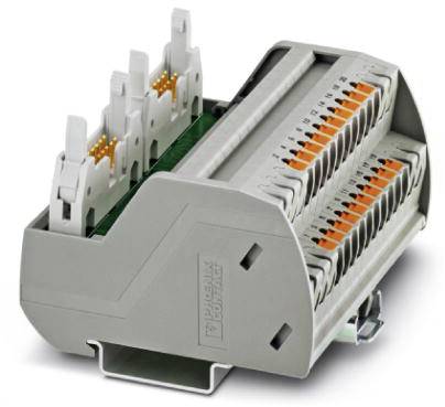 Sivá elektronická svorkovnica s viacerými slotmi a oranžovými svorkovými pákami, vhodná pre priemyselné aplikácie.