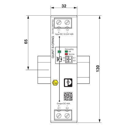 DIN lištový modul so vstupnými a výstupnými prípojkami. Popis a LED indikátory stavu. Rozmery: 32 mm x 130 mm.