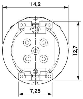 Technický výkres okrúhleho elektrického konektora so štyrmi pinmi. Uvedené rozmery: priemer 14,2 mm a výška 12,7 mm.