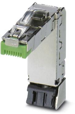 Kovový sieťový konektor s zeleným prvkom hore a čiernym koncom dole. Používa sa na prepojenie ethernetových káblov.