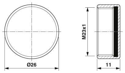 Priečny rez valcovej krytky s priemerom 26 mm, dĺžkou 11 mm. Pohľad spredu znázorňuje závit M23x1.