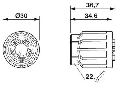 Technický výkres okrúhleho elektrického konektora s rozmermi: priemer 30 mm, dĺžka 36,7 mm, šírka 34,6 mm; veľkosť kľúča 22 mm.