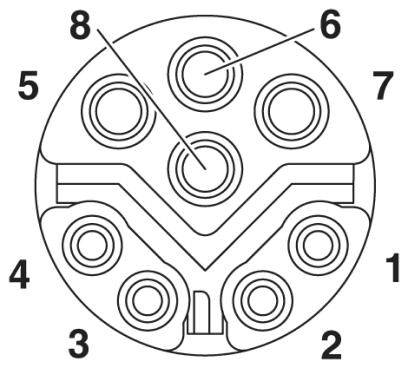 Schéma elektrickej schémy s ôsmimi očíslovanými kontaktmi usporiadanými do kruhu, zvýraznené sú kontakty 8 a 6.