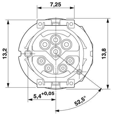 'Technický výkres konektora s rozmermi: priemer 52,5°, výška 13,2, šírka 13,8, vzdialenosť 7,25, tolerancia 5,4+0,05.'