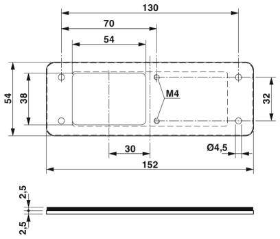 Technický výkres: Obdĺžniková kovová doska so závitom M4 a otvormi. Rozmery: 130x38 mm, zahŕňa rôzne vzdialenosti a priemery.