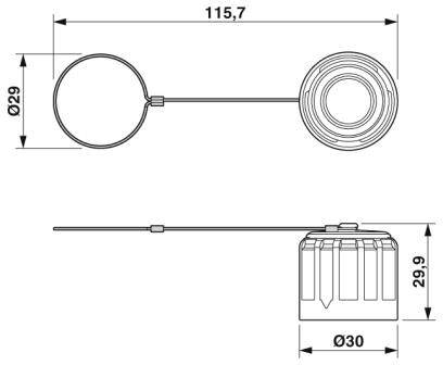 Technický výkres kruhovej komponenty s rozmermi: priemer 29 mm a 30 mm, dĺžka 115,7 mm, výška 29,9 mm.